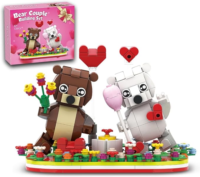 Valentines Brown and White Dancing Bear Couple Building Blocks Set Toy Valentine‘s Day Love Heart Ornament Gift Toy School Classroom Gift Exchange for Kids (Valentines Bears Set)