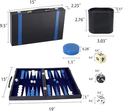 GSE Games &amp Sports Expert Premium Leather Backgammon Board Game Set Classic Backgammon Game Set with Leather Case Travel Folding Board Game (Black&ampBlue Medium)