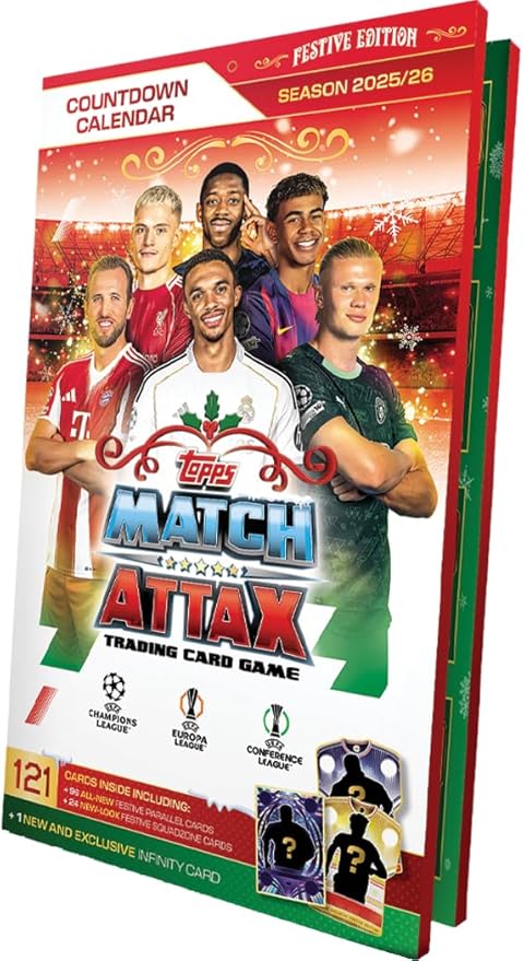 Topps UCC Match Attax 2025/26 - Advent Calendar - 121 Match Attax cards including 96 all-new festive parallels 24 new-look Festive Squadzone cards and 1 guaranteed Infinity card!