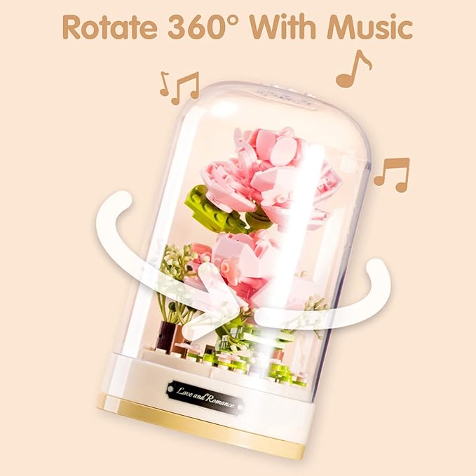 Building Blocks Flowers Bouquet Set with Music Box and Dust-Proof DomeArtificial Particle Flower Collection Construction Building Bricks ToyHome Decor (Lily of The Valley)