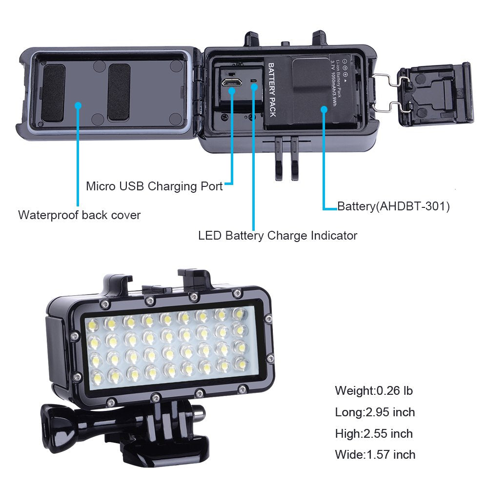 Suptig Diving Light High Power Dimmable Waterproof LED Video Light Fill Night Light Diving Underwater Light Waterproof 147ft for Gopro Hero 13/Hero 12/11/10/9/8/7/6/5/5S/4/3+ More Action Cam