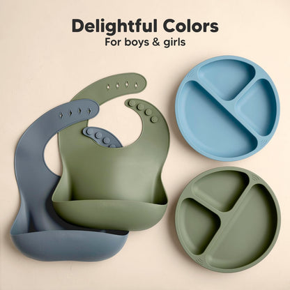 KeaBabies 2-Pack Silicone Baby Bibs for Eating - Sturdy Food-Grade Silicone Bibs for Babies Girl, Boy, Large Food Catcher, Clean & Put On Easily, Waterproof Toddler Feeding Essentials (Slate)