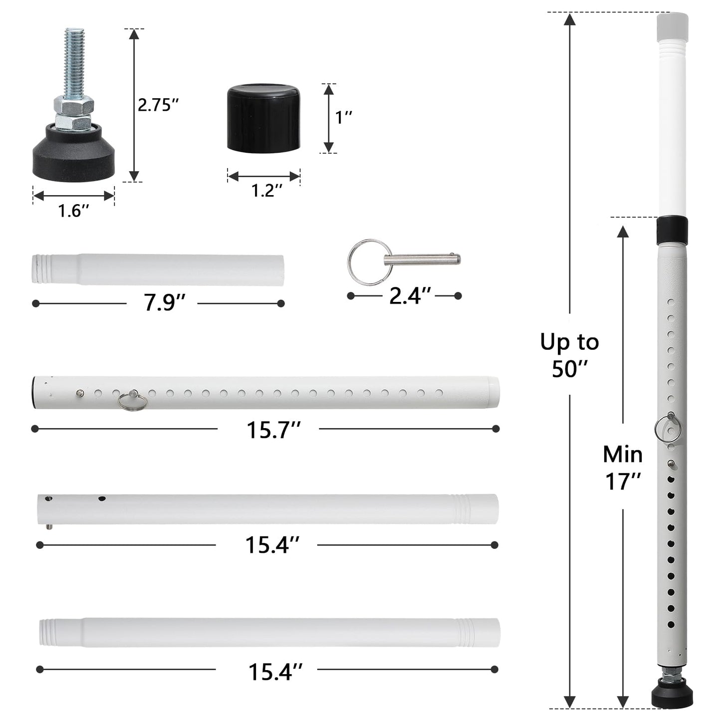 BeBecome Sliding Door Security Bar，17-50 inch Adjustable Patio Door Security bar with Rubber Tips Apartment Bedroom Bottom of Door Heavy Duty Interior White