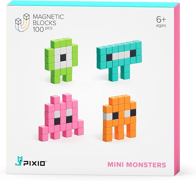PIXIO Mini Monsters - Tiny Magnetic Blocks Building Toy in The Pixel Art Style with Free App - 5/16 Plastic Cubes with 6 Magnets Inside - Open Ended Toy - Creativity Toy for Ages 6+