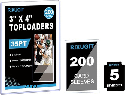 400 Hard Plastic Trading Card Protector - 200 Hard Card Sleeves and 200 Soft Card Sleeves 35pt Rigid 3x4 Card Holders Clear Open-Top Card Sleeve Fits Standard Trading Baseball Sport Game Cards