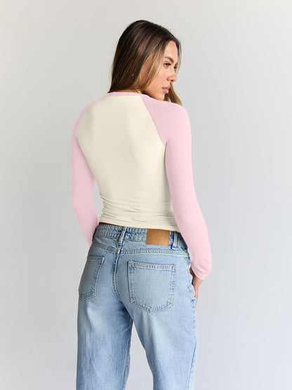 Trendy Queen Women's Long Sleeve Shirts Slim Fit Stretchy Color Block Slightly Cropped Tops