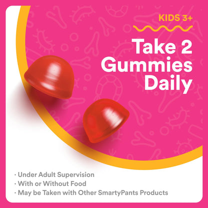 SmartyPants Kids Probiotic & Prebiotic Gummies for Digestive Health: Gut Health Supplement, Clinically Studied Prebiotic for Immune Support, Strawberry, 60 Count (30 Day Supply)