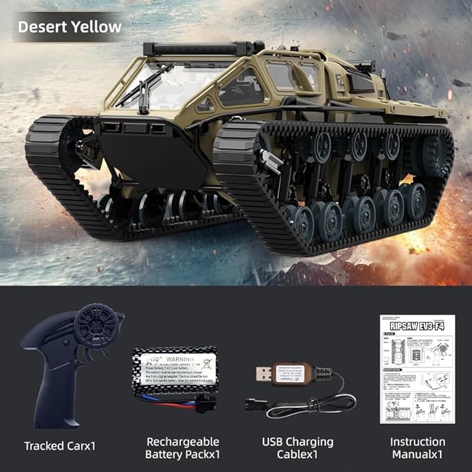 RC Tank Car 1:16 Remote Control Crawler 10KM/H High Speed Tank 2.4Ghz RC Rock Crawler Off-Road 4WD 360°Rotating Drifting Car with 2 Batteries Military Truck Toy for Kids