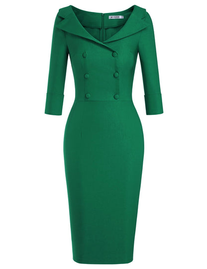 MUXXN Women's Fashion Square Neck 3/4 Sleeve Stretch Fit Vintage Wedding Midi Dress (Green XL)