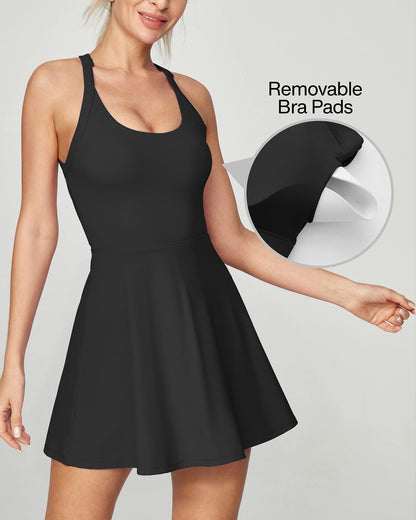 Heathyoga Tennis Dress with Built in Shorts and Bra Athletic Dress for Women Summer Cut Out Twisted Golf Workout Dress Black