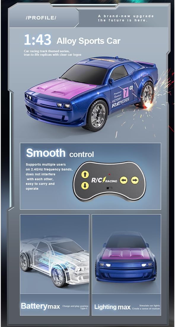RC Alloy Racing Car 1/43 Scale 2.4G 5CH Mini Drift Car with ulti-Light System Dual-Speed Modes APP Control