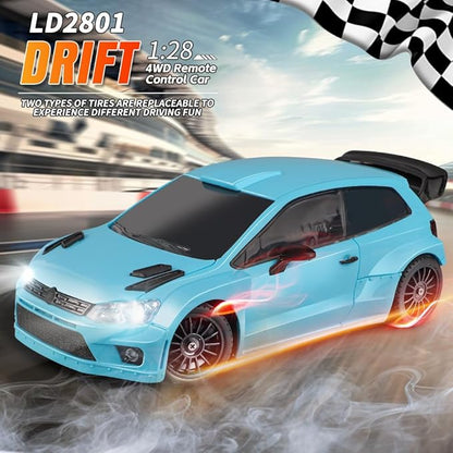 LDRC 2801 1/28 Mini RC Drift Car GTR 2.4GHz 4WD RTR with 4PCS Drift Tires Racing Radio Control Cars (Blue2)