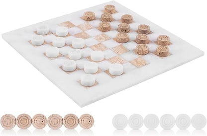 Marble Checkers Set 15 Inches Handmade White and Travertine Checkers Board Game with Checker Pieces - Board Games for Adults Game Table Accessories Gifts &amp Home Décor