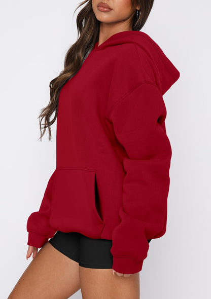 onlypuff Hoodies for Women Red Oversized Sweatshirts Hooded Pullover Casual Workout Soft Fall Fashion Outfits Winter Clothes L