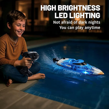RC Boat 25KM/H High Speed Waterproof Remote Control BoatWater Cooling 2.4GHz Remote 2 Batteries LED Lights One-Key Flip Low Battery &amp Out-of-Range Alarm Pool &amp Lake Racing for Kids &amp