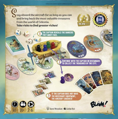 Blam! Celestia | Push-Your-Luck Adventure &amp Strategy Board Game | Fly The Airship Brave Perils &amp Collect Treasures | Award Winning Family Games for Kids and Adults | 1-6 Players | Ages 8+ | 3