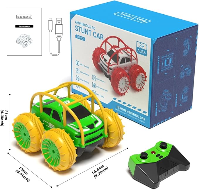 MaxTronic Amphibious Remote Control CarRechargeable RC Cars Toy 360° Flips Rotation Stunt Crawler 15KM/H 4WD All Terrain Outdoor Indoor Toy for Kids Boys Girls 3-12