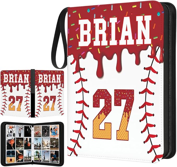 Personalized Ice Cream Drip Baseball Card Binder with Name &amp Number – Zipper Trading Card Album with Handle – Collector Case for Players &amp Fans (Ice Cream Drip Art #2)
