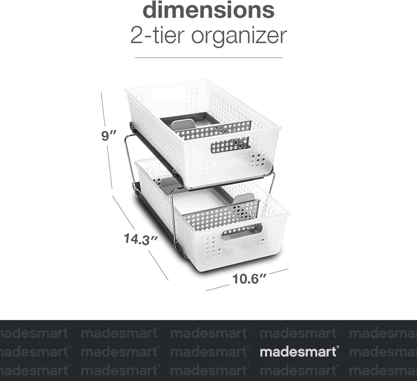madesmart 2-Tier Organizer, Multi-Purpose Slide-Out Storage Baskets with Handles and Dividers, Frost