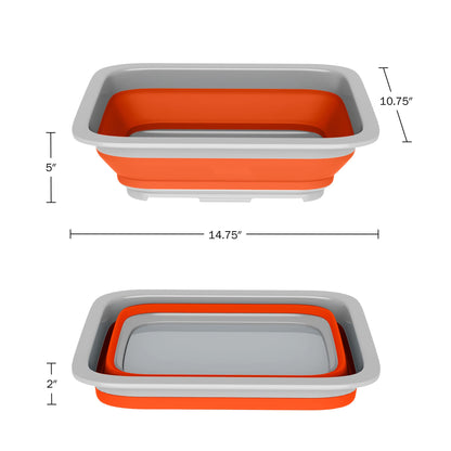Set of 2 Multipurpose Wash Bins – 10-Liter Basins for Travel or Cleaning – Collapsible Bucket Camping Accessories by Wakeman (Orange)