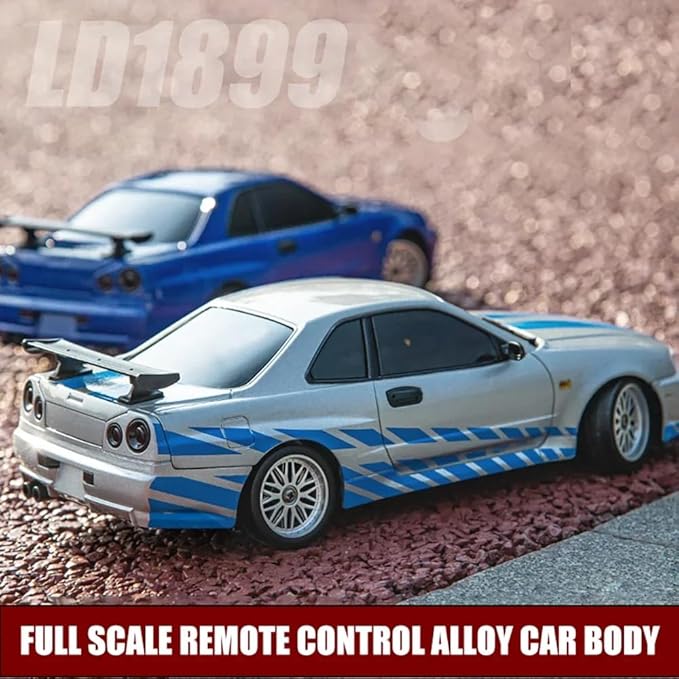 LD1899 1/18 RC Drift Car GTR R34 2.4GHz RWD with Gyroscope on-Road Alloy Body Shell Racing Cars Radio Control (Blue Grey)