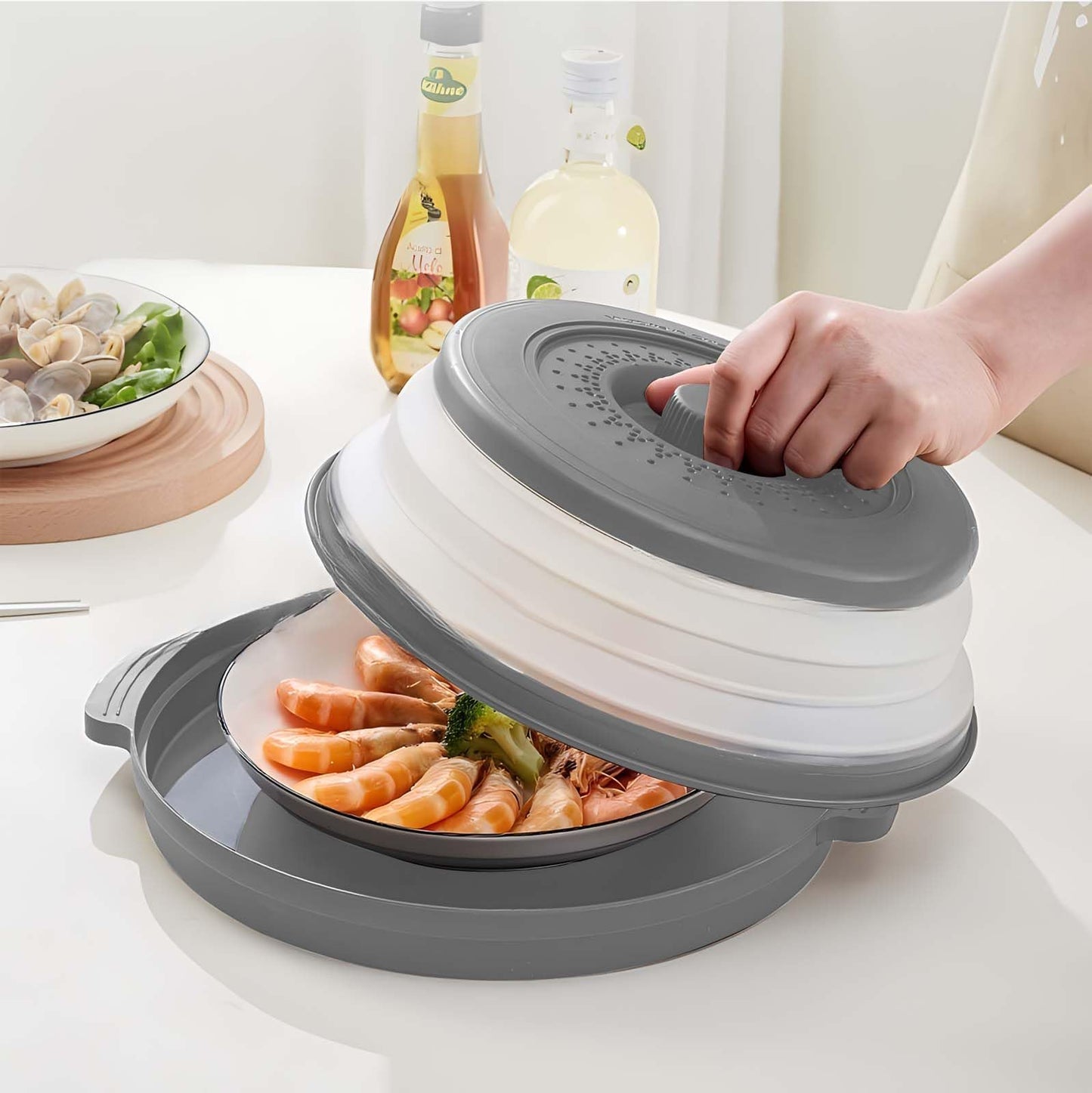 Microwave Splatter Cover for Food with Anti-scald Base Plate,Large Plastic & Silicone Vented Avoid Scalding Collapsible Guard Lid, Plate Holder & Kitchen Colander for Meal Prep-10.7 Inch (gray)