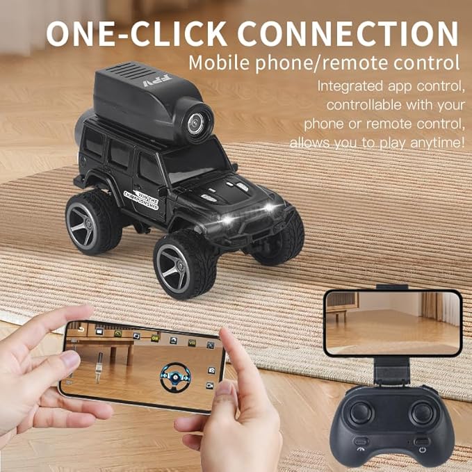 4WD Mini RC Car 1:64 with Camera Full-Scale 2.4G Remote Control FPV Crawler Car Desktop Off-Road Vehicle Indoor Racing Model - Black /KF32