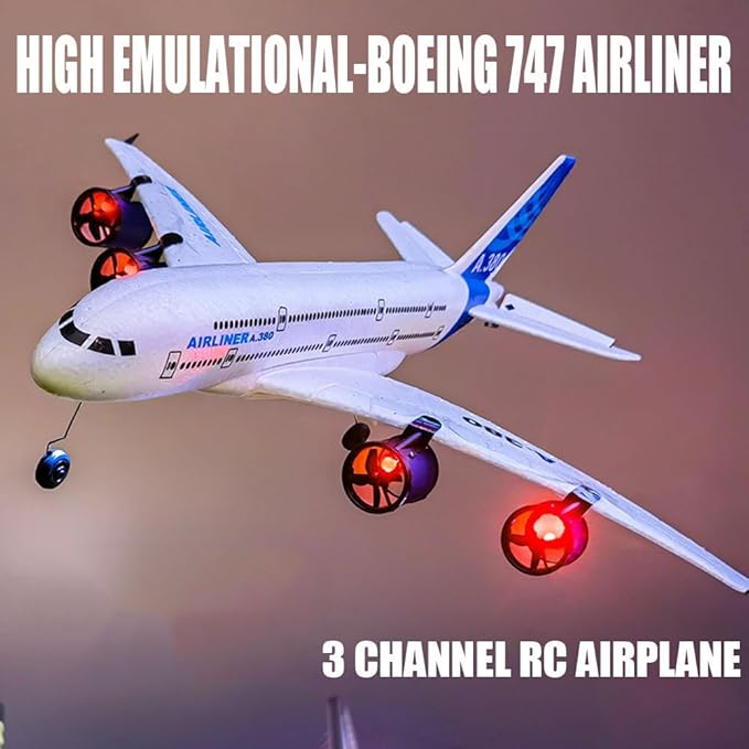 RC Airbus 747 A380 2.4G Remote Control Electric Plane Four Motor RC Airplane Toy RC Airliner with LED Lights Drop Resistant Aircraft 2 Batteries EPP Airplane for Beginners Kids Gifts (A-380)