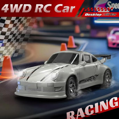1/64 Scale 2.4G High Speed Drift RC Car Remote Control Drift 4WD Mini Lights System Desktop Drift Car for Adults (Black)