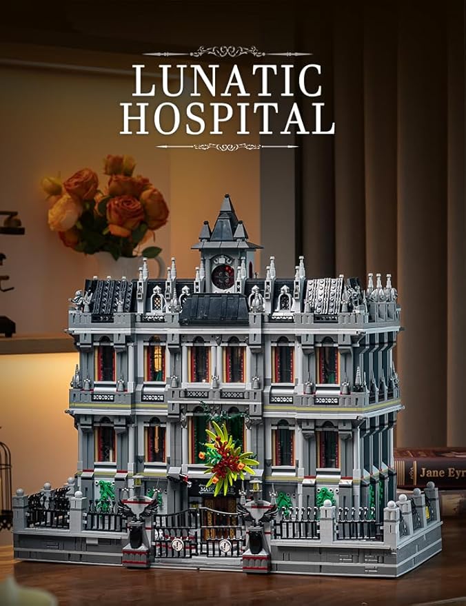 Lunatic Asylum City Modular Building Bricks Set with LEDMOC Street View Architecture 3 Levels Insane Asylum Hospital Modular Buildings Construction Sets Ideas Gifts for Adults(7537 Pcs)