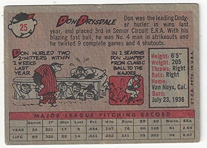 Don Drysdale Collectible Baseball Card - 1958 Topps Baseball Card #25 (Los Angeles Dodgers) Free Shipping