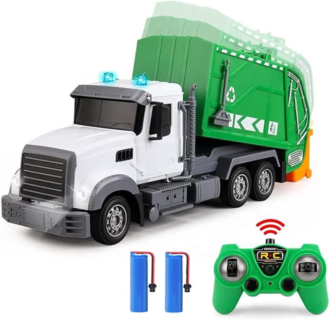 2.4G RC Garbage Truck Toy with Lights - 6 Channel Remote Control Waste Management Garbage Truck with 2 Rechargeable Batteries Kids Recycling Trash Toys Excellent Xmas Gifts for Boys Girls 3-8