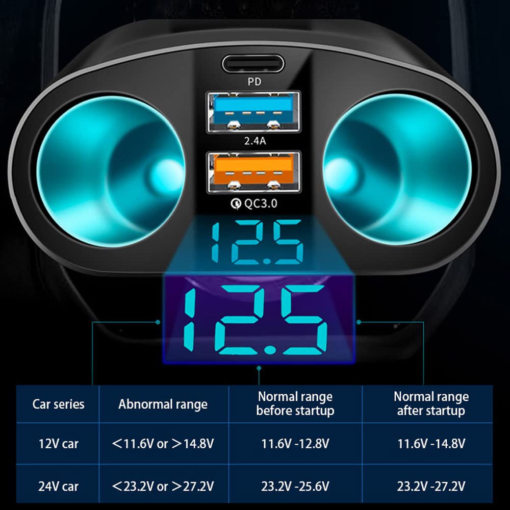 Cigarette Lighter Adapter USB C Car Charger, QC3.0 & PD Cigarette Lighter Splitter with LED Voltmeter, 12V/24V Car USB Outlet Socket Splitter Fast Charging for Phones GPS Vehicle Devices