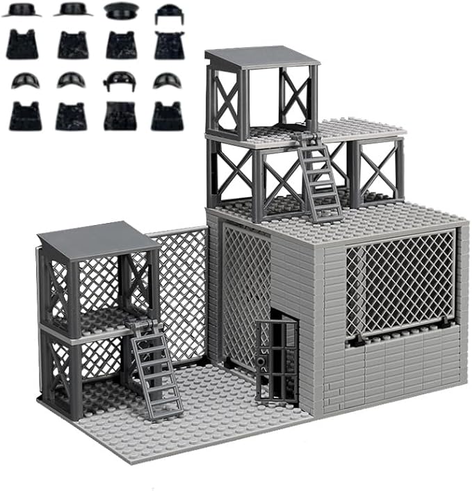 Military Scene Building Set - WW2 Military PrisonMilitary Watchtower Includes Closed Cage Halloween Jail T-Rex Scene 8 Ghost Police Figures