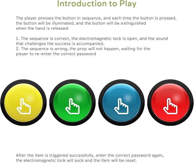 Escape Room Props 5 Colors Buttons Mechanism Press It In Order To Control 12V Magnet Lock For Exit Game Owner Player Adventurer (8 Buttons No Audio)
