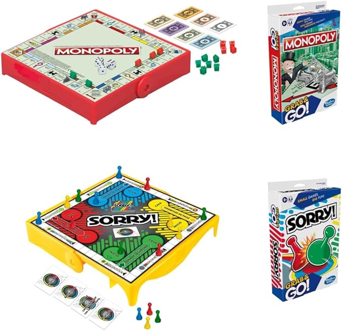 Hasbro Gaming Grab and Go Travel Games Set of 5- Sorry! Hungry Hippos Monopoly Guess Who? and Candy Land