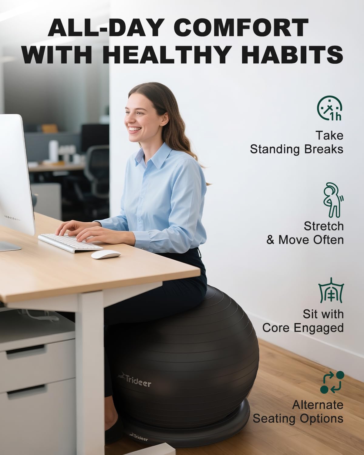 Trideer Exercise Yoga Ball Chair with Base for Home Office Desk, Stability & Fitness Ball Seat to Relieve Back Pain, Home Gym Workout for Abs, Pregnancy Ball with Pump