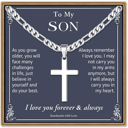 IEFLIFE Easter Basket Stuffers - Cross Necklace Easter Gifts for Men Boys Silver Figaro Chain Cross Necklace Jewelry Christian Baptism Gifts for Boys Birthday Gift for Dad Husband Son Grandson