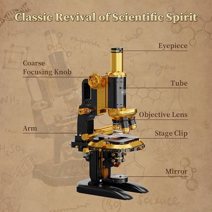 PANTASY Retro Microscope Building Kit for Adults Antique Science Instrument Model with Mechanical Design Brass Finish &amp Lab Accessories Collectible Display Brick Set