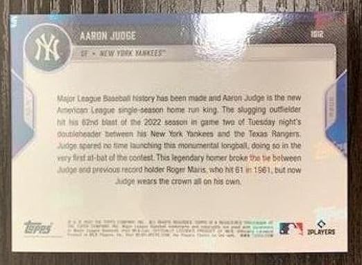 2022 Topps NOW #1012 Aaron Judge (62 HRs Home Runs American League Record) MLB Baseball Trading Card New York Yankees