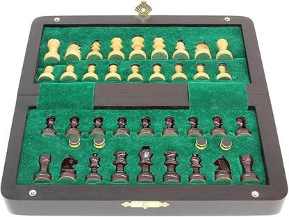 House of Chess - 8 Inch Wooden Magnetic Folding Travel Chess Set - Board with Algebraic Notation + 2 Extra Pawns &amp 2 Extra Queens- Handmade (Ringy Rosewood)