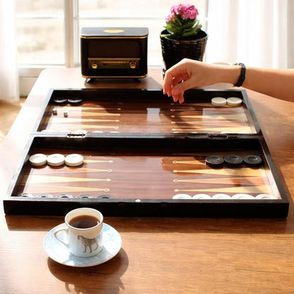 Park&ampOz Walnut Premium Turkish Backgammon and Checkers Set 19 Inch Handmade 2 in 1 Wooden Board Game with Glossy Finish Luxury Checkers and Dice Travel Friendly and Foldable