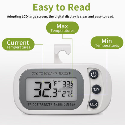 Digital Frigerator Thermometer 2 Pack, Waterproof Fridge and Freezer Thermometer, Thermometer Refrigerator with Large LCD Screen, Stand and Magnetic Back, for Room,Kitchen(White)