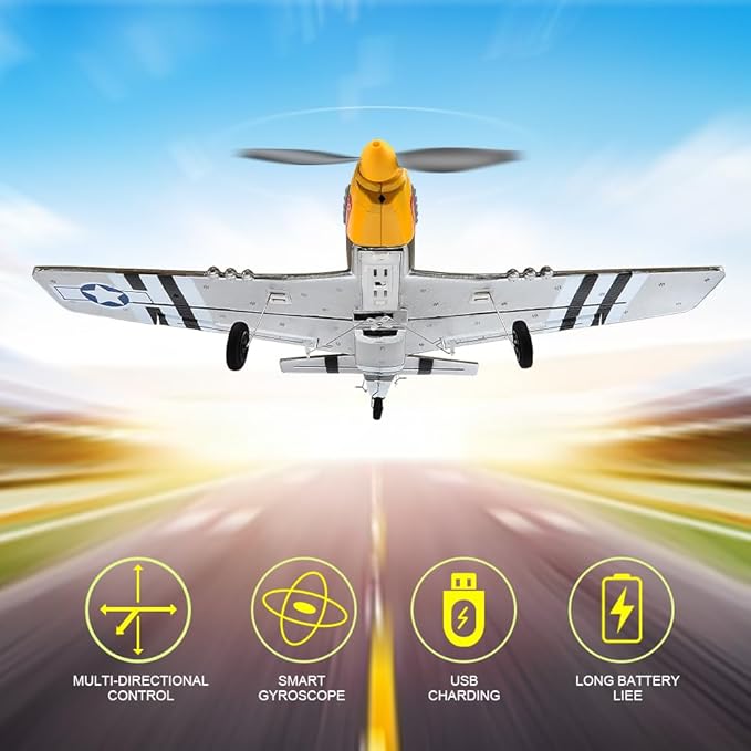P51 RC Plane for Adults Kids 4 Channel Remote Control Airplane with Aileron/Rudder/Elevator/Gyro Aerobatic Mustang Fighter Glider with 3 Modes Stabilization System Easy Learning to Fly