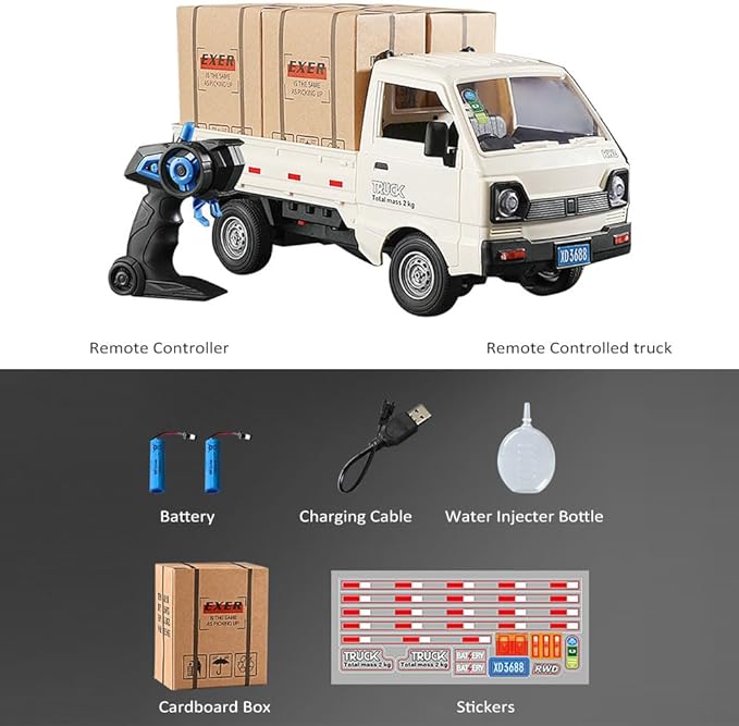 Remote Control Car RC Kei Truck1:16 Scale RC Transporter Pickup Truck 2.4GHz All Terrain RC Transport Cars with Spray &amp Light 2 Batteries (White)
