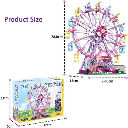 Rotating Ferris Wheel Building Blocks Kitwith Lights Amusement Park Building Construction Toys Set for 6+ Year Boys.Girls.Adult(870 Pieces) Pink