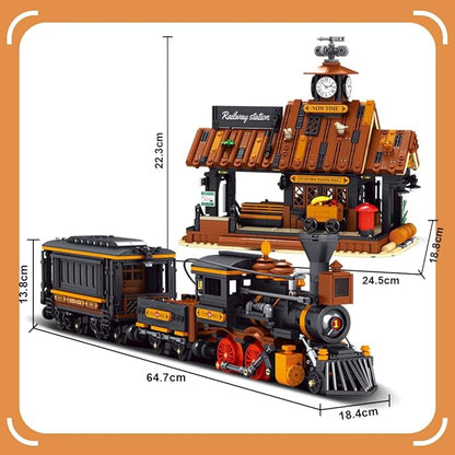 39117 Cowboy City Train Station Building Blocks with LED Lights 2640 PCS Western Railway Station &amp Steam Train Model Kit for Adults Wild West Architecture