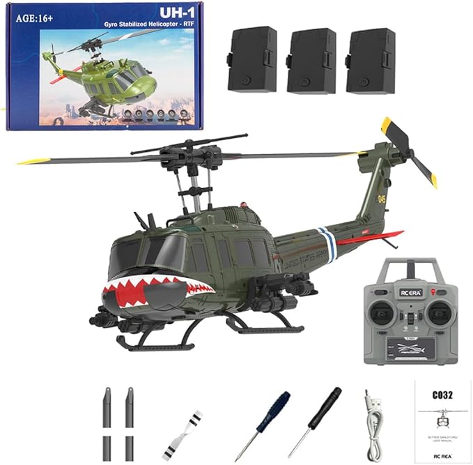 C032 UH-1 Huey RC Helicopter for Adults 1/48 Scale 2.4G 6CH Flybarless Remote Control Military Helicopter 3D Stunt Flight &amp High-Precision RC Airplane for Beginners (Shark Mouth(3 Batteries))