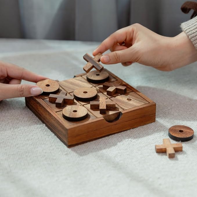 Wooden Tic Tac Toe (XOXO) Game – Handmade 2-Player Strategy Board Game – Travel Size Rustic Tabletop Decor – Sustainable Wood Gift for Adults Kids Couples Family (Classic)