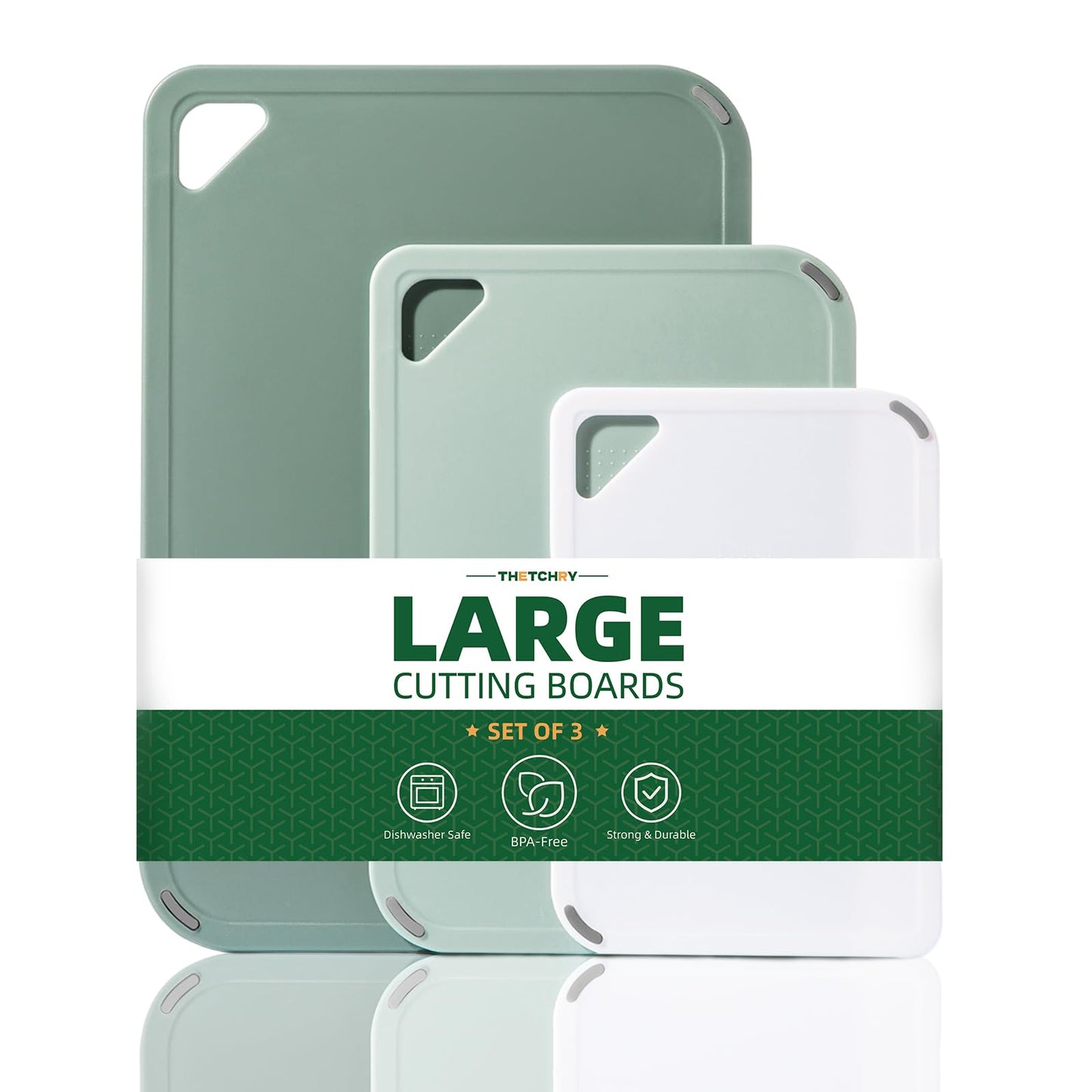 THETCHRY Plastic Cutting Board Set of 3-Cutting Boards for Kitchen BPA Free, Large-Small Chopping Boards Non-Slip for Cooking Camping Dishwasher Safe, Reversible, with Grip Handle, 15"×10"×0.6" Green